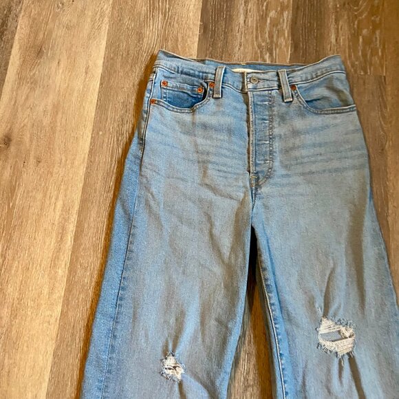 Levi's Ribcage Straight Ankle Jeans Light Blue Distress Button Fly High 27 27 - Picture 7 of 12